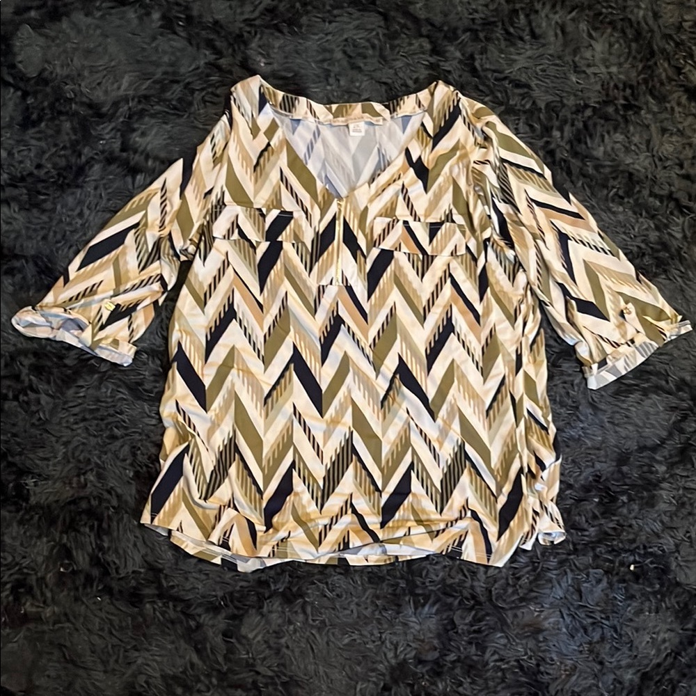 Chevron V-Neck Blouse in Black, Tan, and Cream